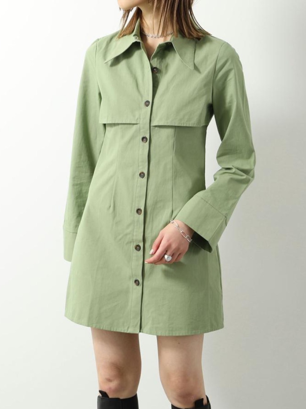GHOSPELL Light Green Button-Front Trench Dress